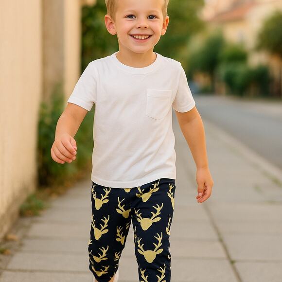 5/$35 Deer Buck Head Print Pants Sz 100 3 Black Cream Screen Print Elastic Waist - Picture 3 of 10